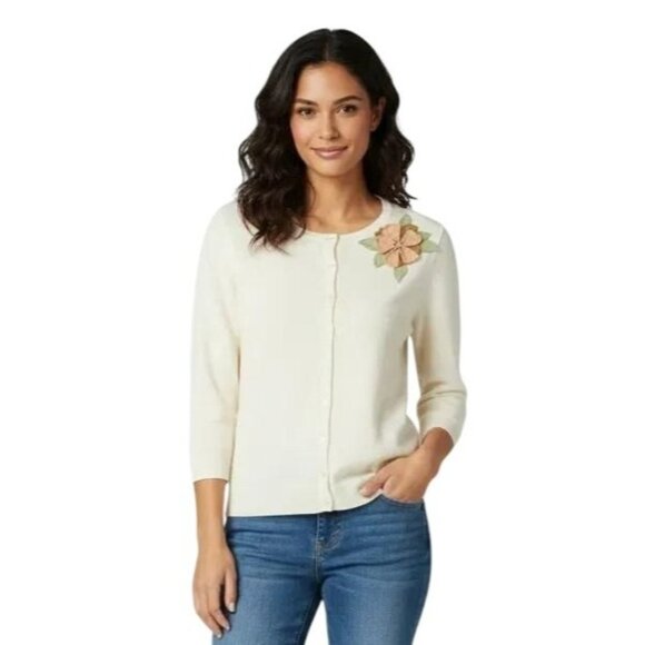 New York & Company Sweaters - New York & Company Button-Front Flower Applique Cardigan Sweater White Small